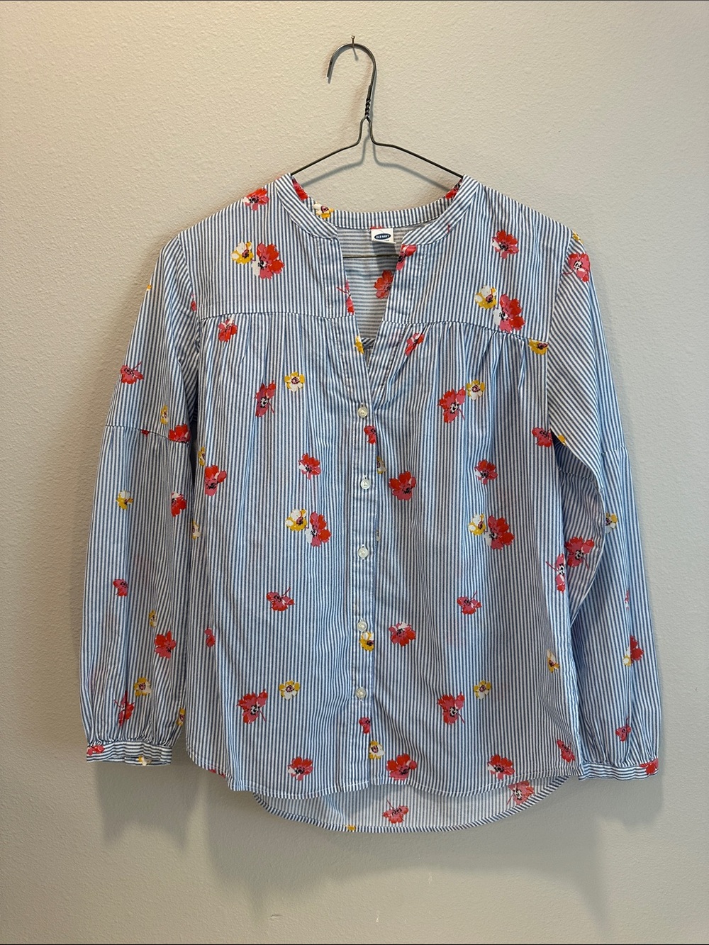 Old Navy Blue White Striped Floral Button-Up Blouse